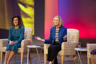 Sister Michelle Craig, the Young Women organization’s first counselor of the general presidency, left, and Sister Bonnie Cordon, Young Women general president, center, answer a question submitted by a young woman as part of the worldwide broadcast that took place on Sunday, Nov. 15, 2020.