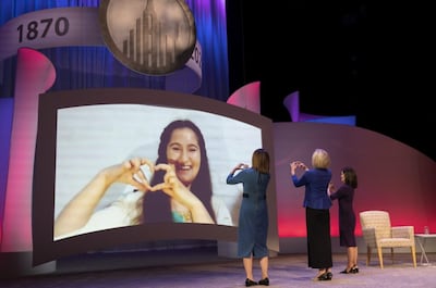 The Young Women general presidency talks to a young woman in Spanish during a taping of the Face to Face broadcast to celebrate the 150th anniversary of the organization.