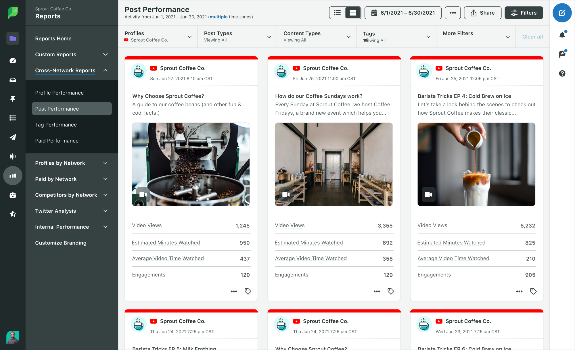 Screenshot of Sprout Social's YouTube Video Post Performance report, which showcases how many views, minutes watch, average minutes watched and engagements.