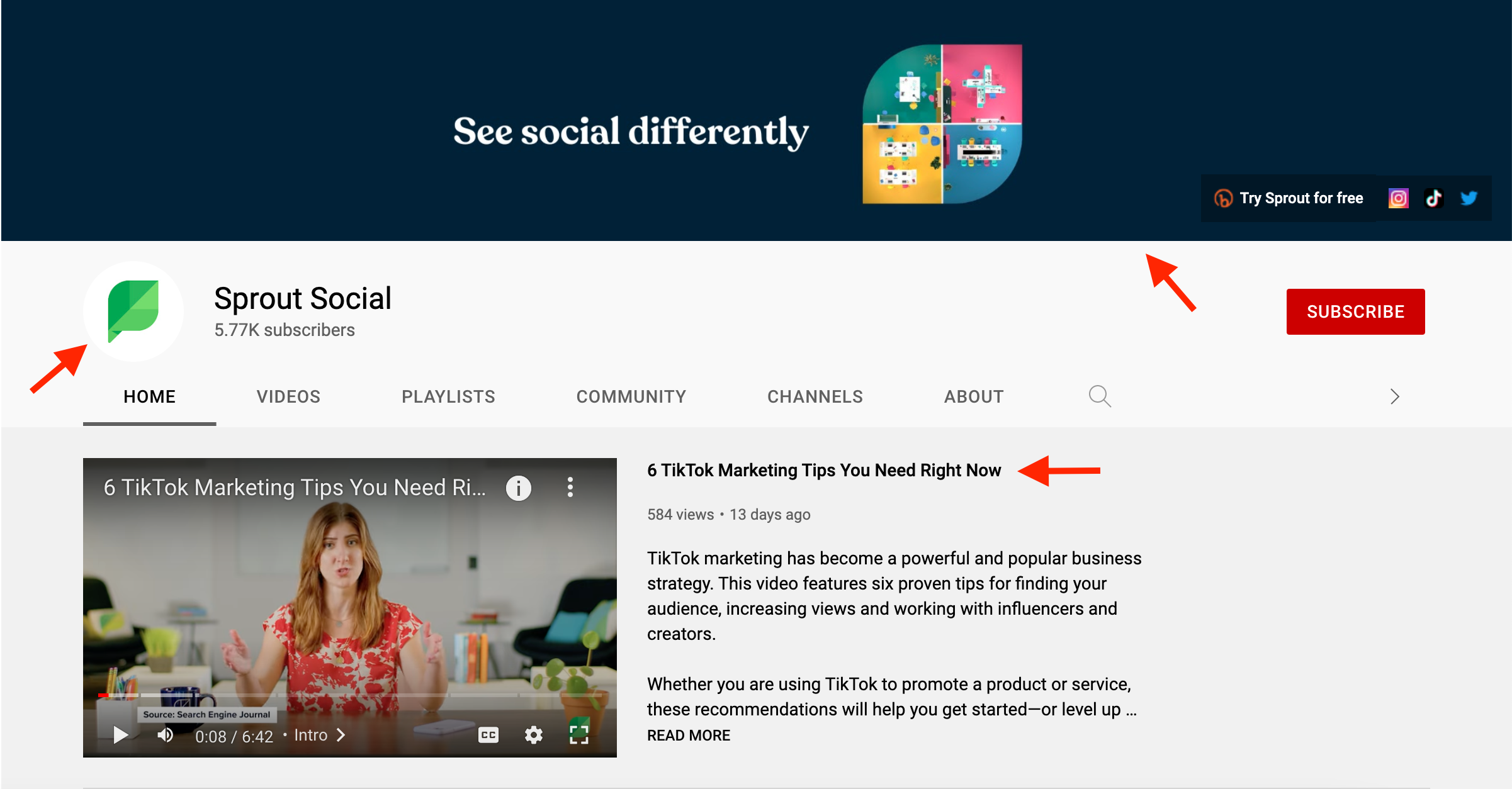 Screenshot of Sprout Social's YouTube channel homepage. The channel banner, channel profile picture and video titles are part of Sprout Social's branding.