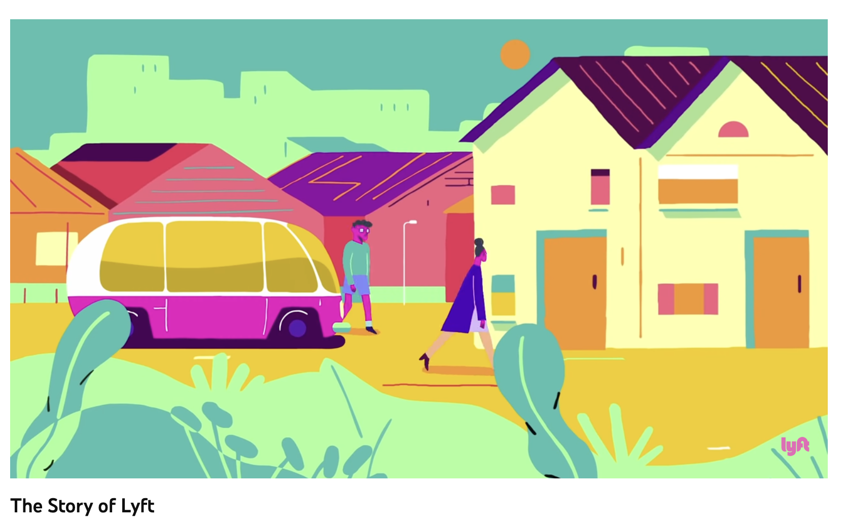 A drawing from Lyft that uses primary colors to depict people walking from a car to surrounding buildings