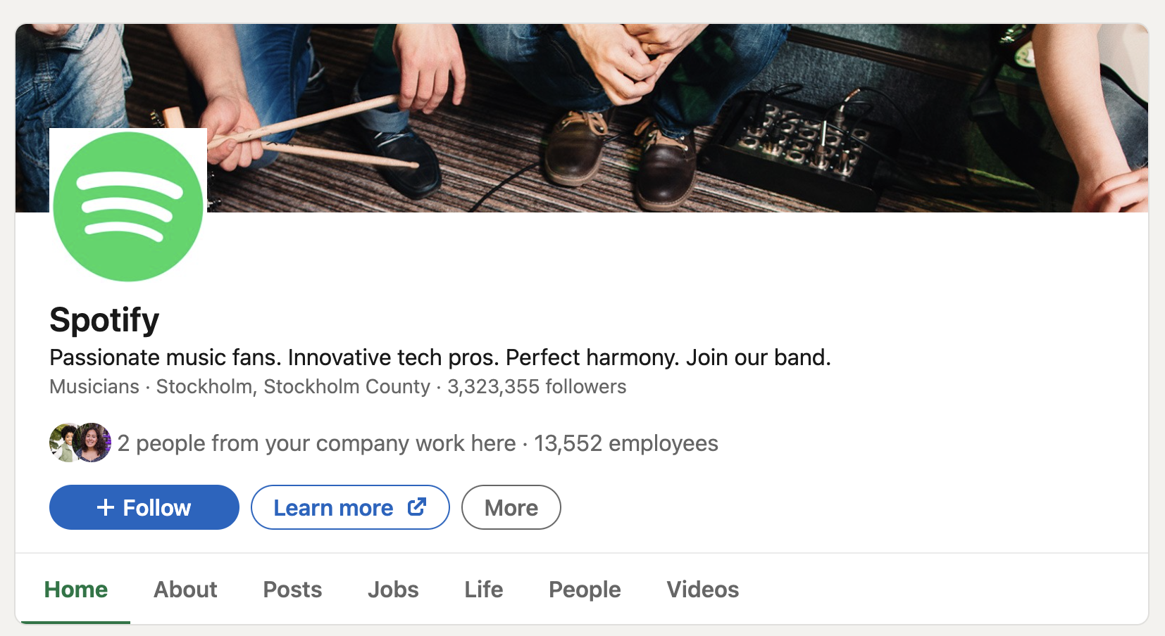 A screenshot of Spotify's LinkedIn page showing how their commitment to their values has earned them over 3.28 million followers.