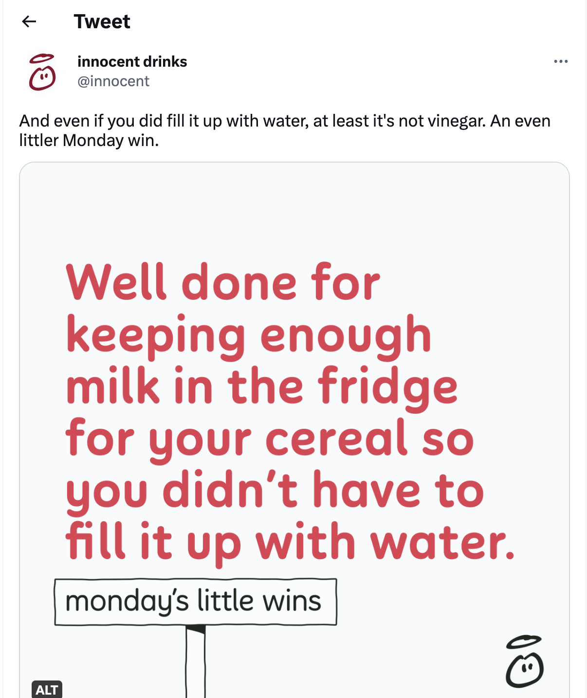 Screenshot of Innocent Drinks with their quirky humor on Twitter