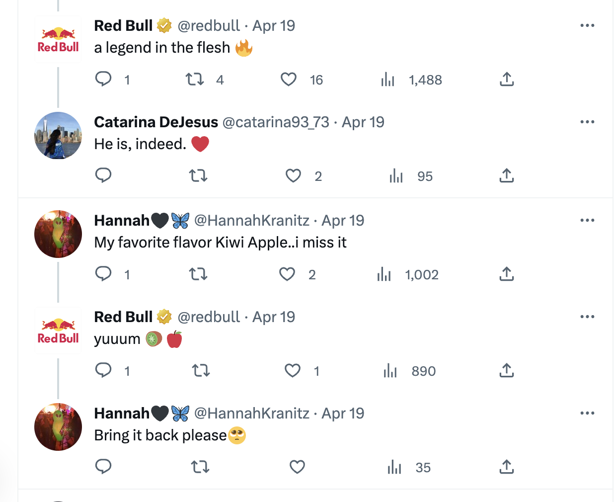 Screenshot of Red Bull's Twitter account showing how they respond to almost every comment from their followers.