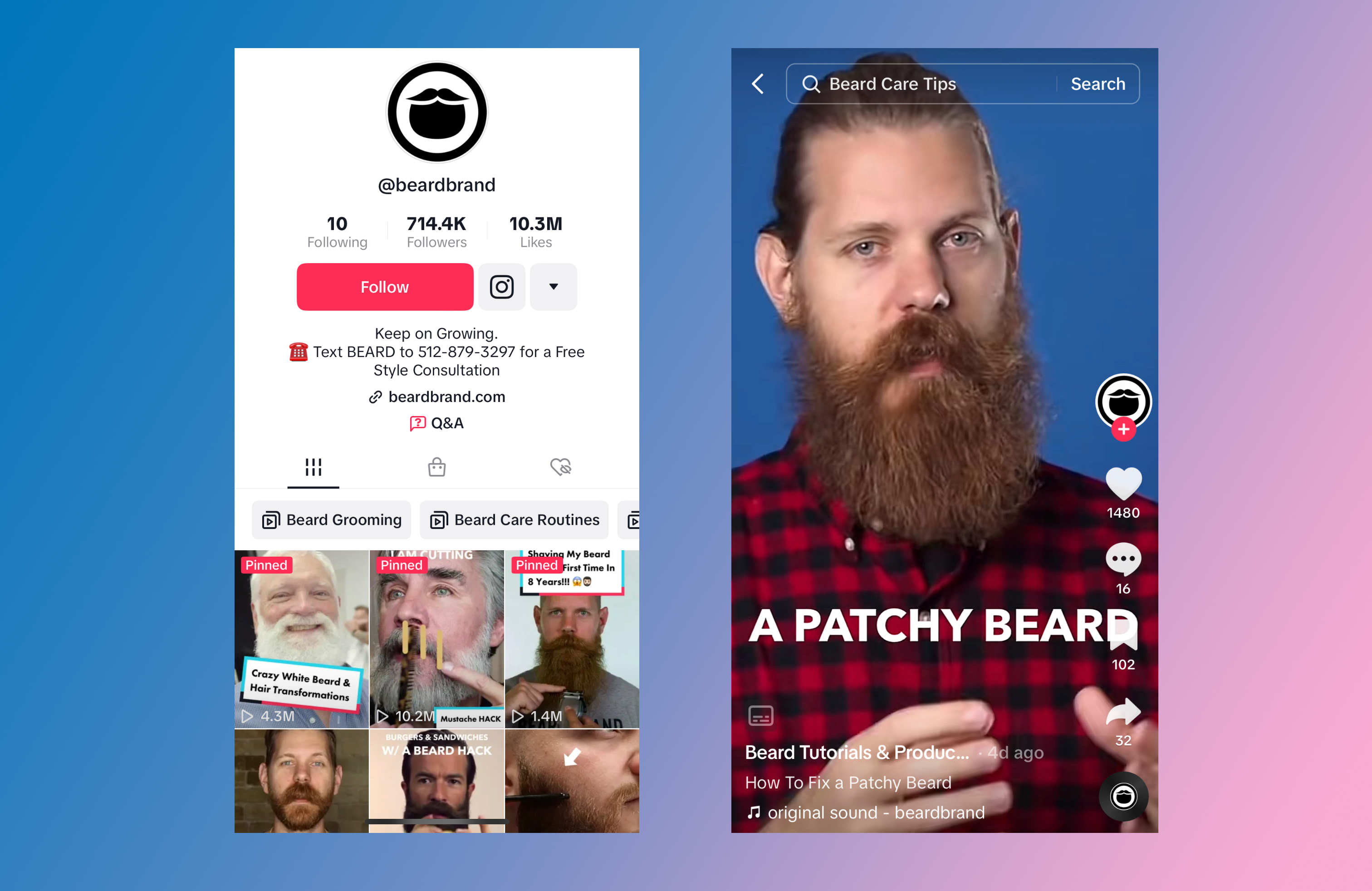 Side by side mobile screens showing a TikTok marketing example by Beard Brand