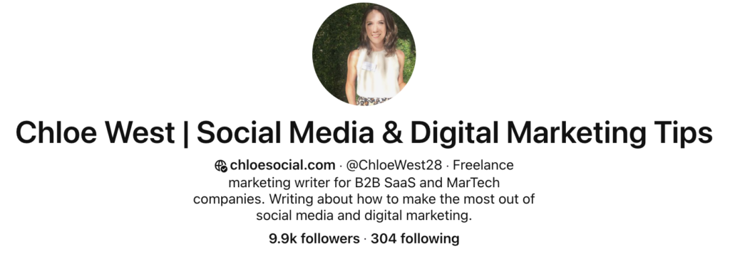 Screenshot of freelancer marketing writer Chloe West's Pinterest Business account profile and bio.