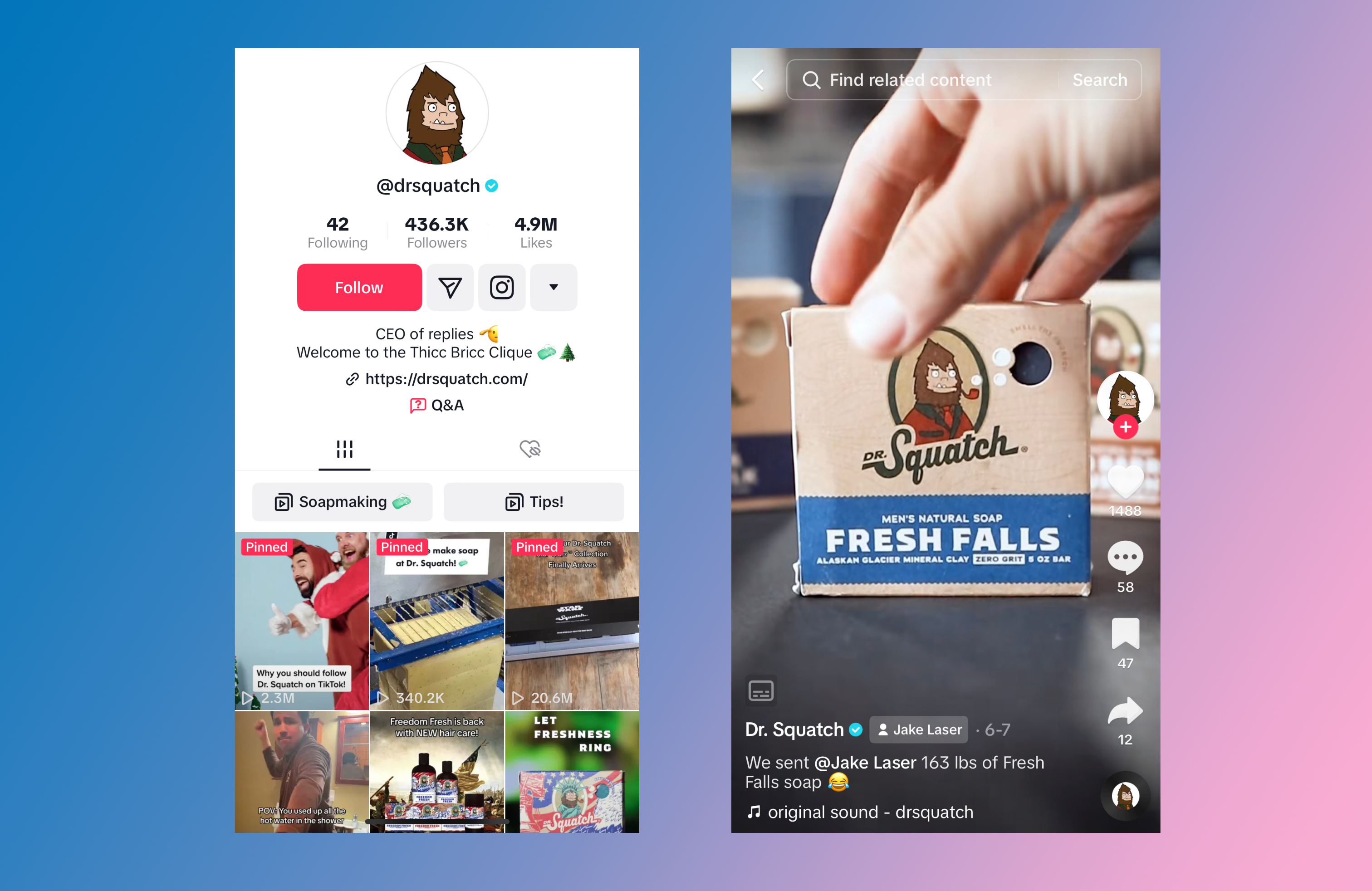 Side by side mobile screens showing a TikTok marketing example by Dr. Squatch