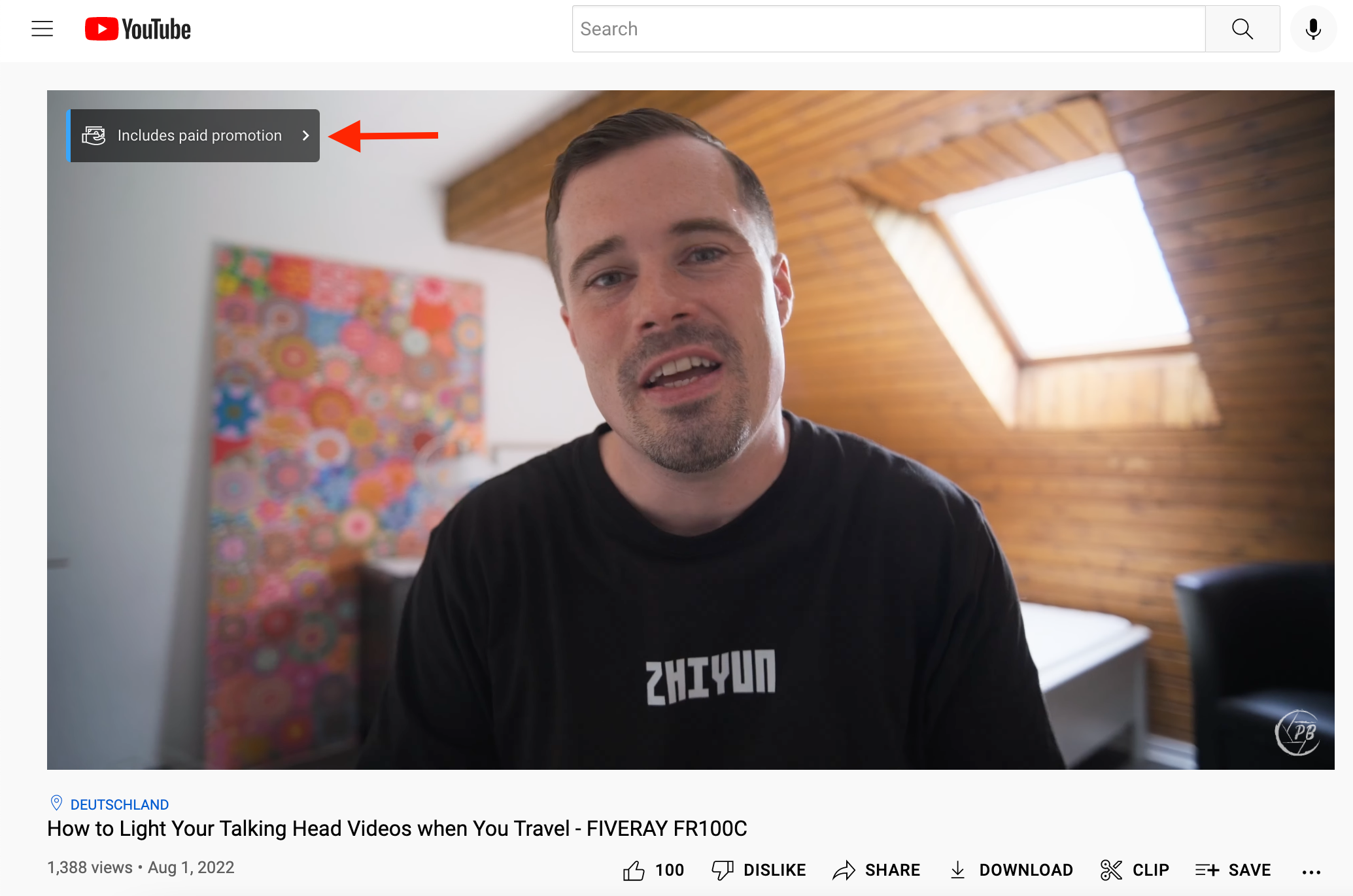 Screenshot of a YouTube video having a pain promotion button overlay in the top left corner of the video.