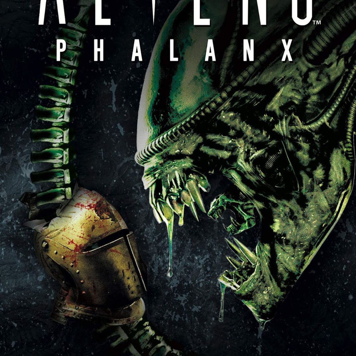 Book cover for Scott Sigler’s Aliens: Phalanx, with a snarling Xenomorph looking at a bloody bronze helmet impaled on its tail