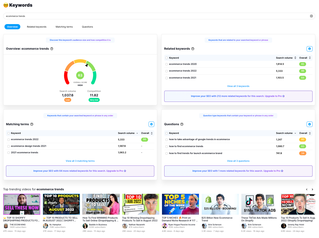 Screenshot of the VidIQ keywords dashboard.