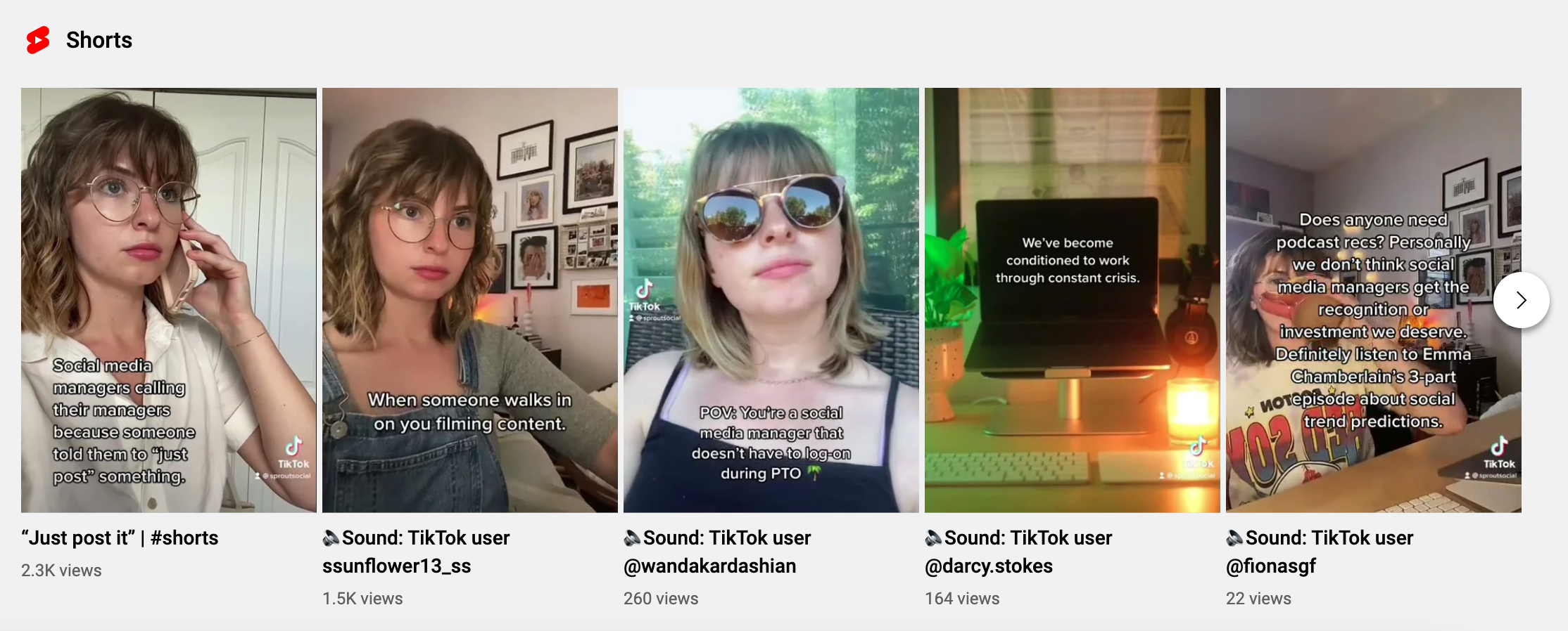 Screenshot of the several different YouTube Shorts from Sprout Social's YouTube channel.