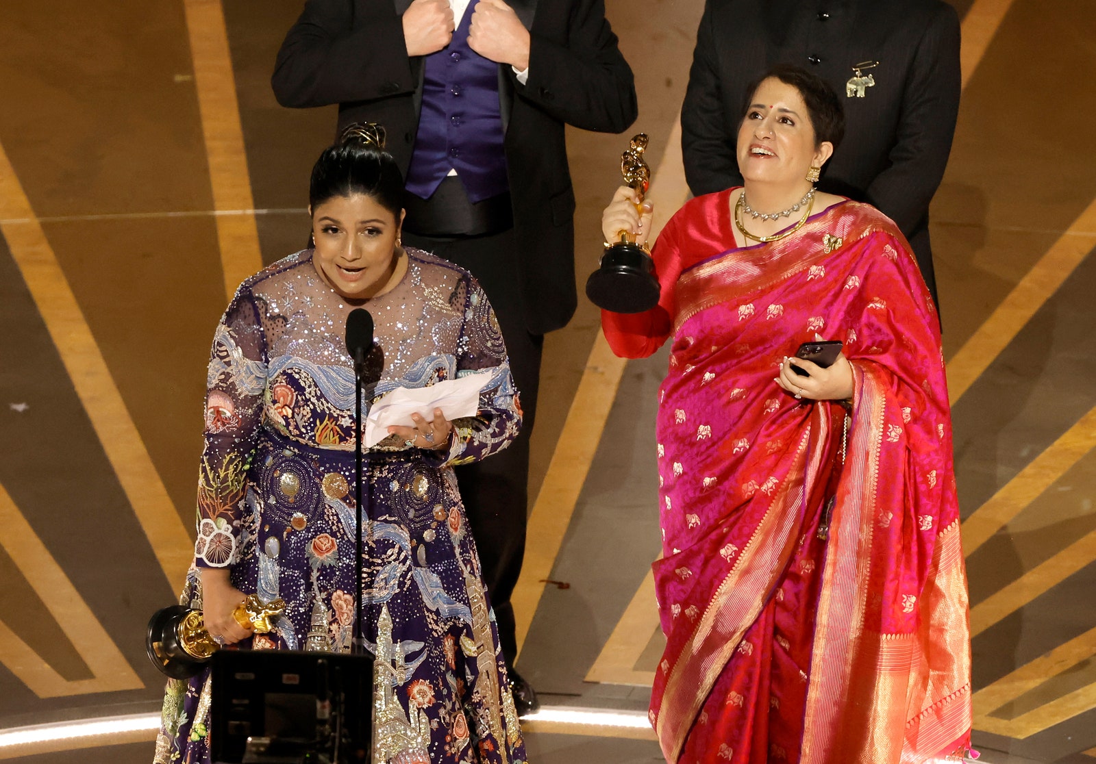 The Elephant Whisperers' filmmaker Kartiki Gonsalves and producer Guneet Monga accept the Academy Award for Best...
