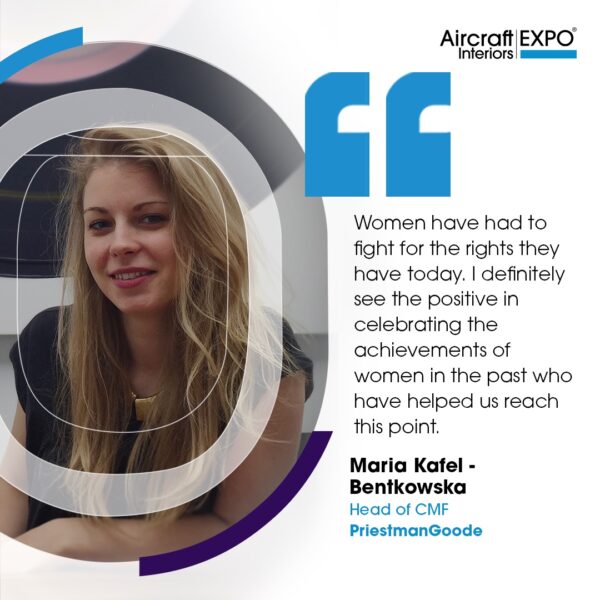 Pictured smiling alongside her quote about women fighting for their rights: Maria Kafel-Bentkowska, Head of CMF at PriestmanGoode. IWD 2024