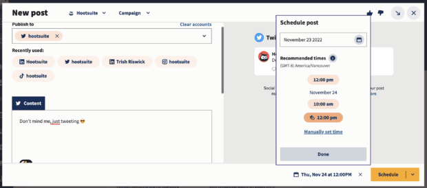Scheduling a Tweet in Hootsuite composer with best time to post recommendations