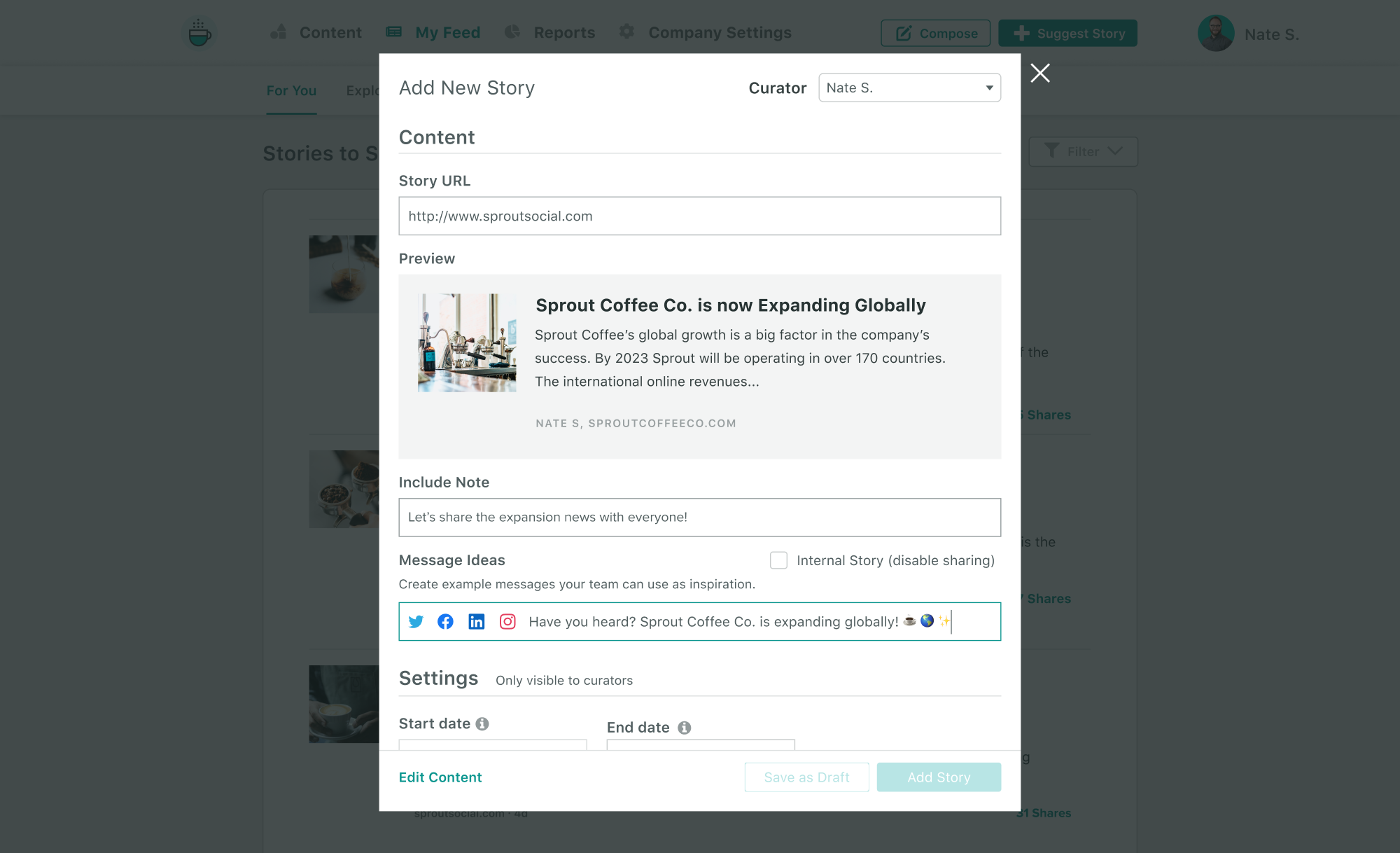 sprout's employee advocacy dashboard with an 