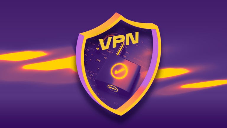 VPN shield on a purple background with an open lock and glowing checkmark